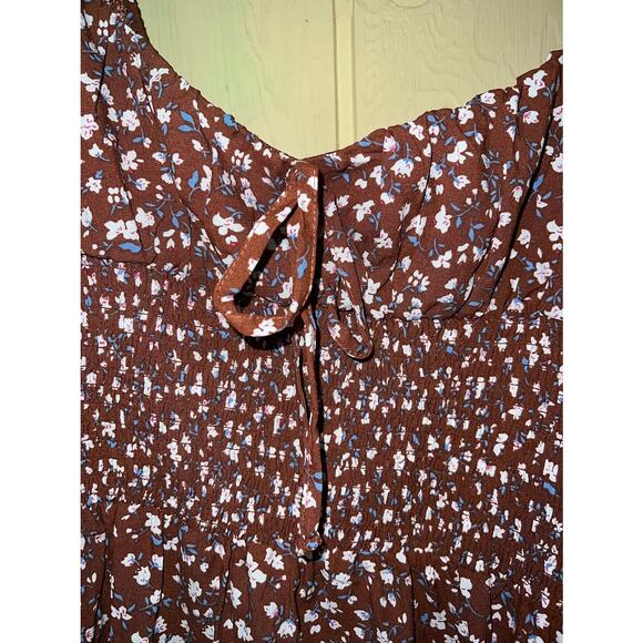 Boho Babydoll Size Large Mini DRESS Smocked Brown Blue Floral Square Neck NEW - Picture 8 of 11